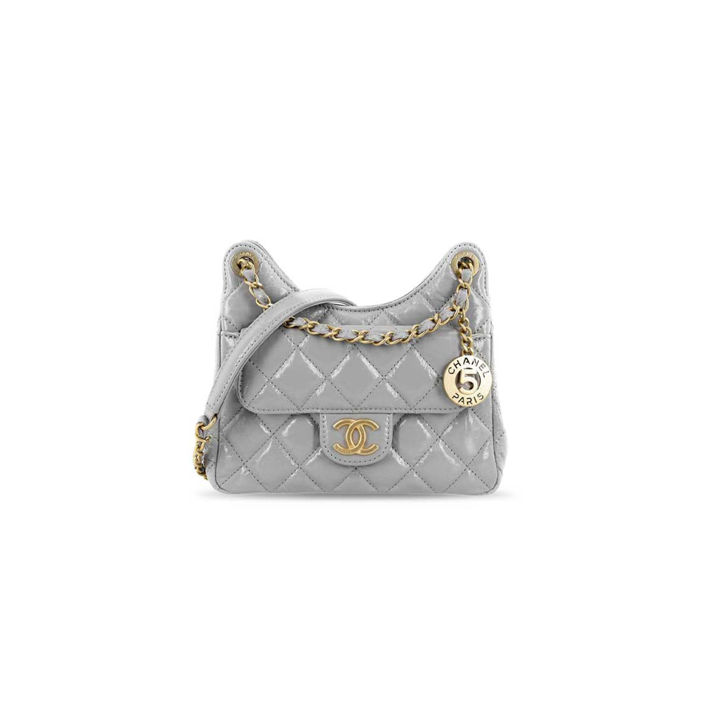 CHANEL MASTER SHINY CRUMPLED CALFSKIN QUILTED SMALL WAVY CC HOBO GREY AS4323 (19*17*6cm)